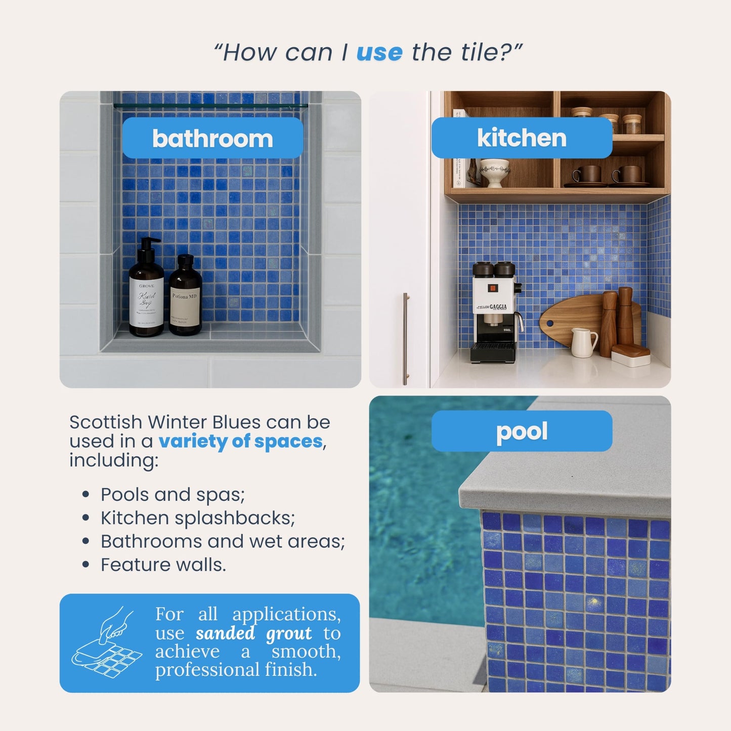 AO Tiles Glass Mosaic Tile –Scottish Winter Blues 300x300mm- 10 Sheets/ Sample