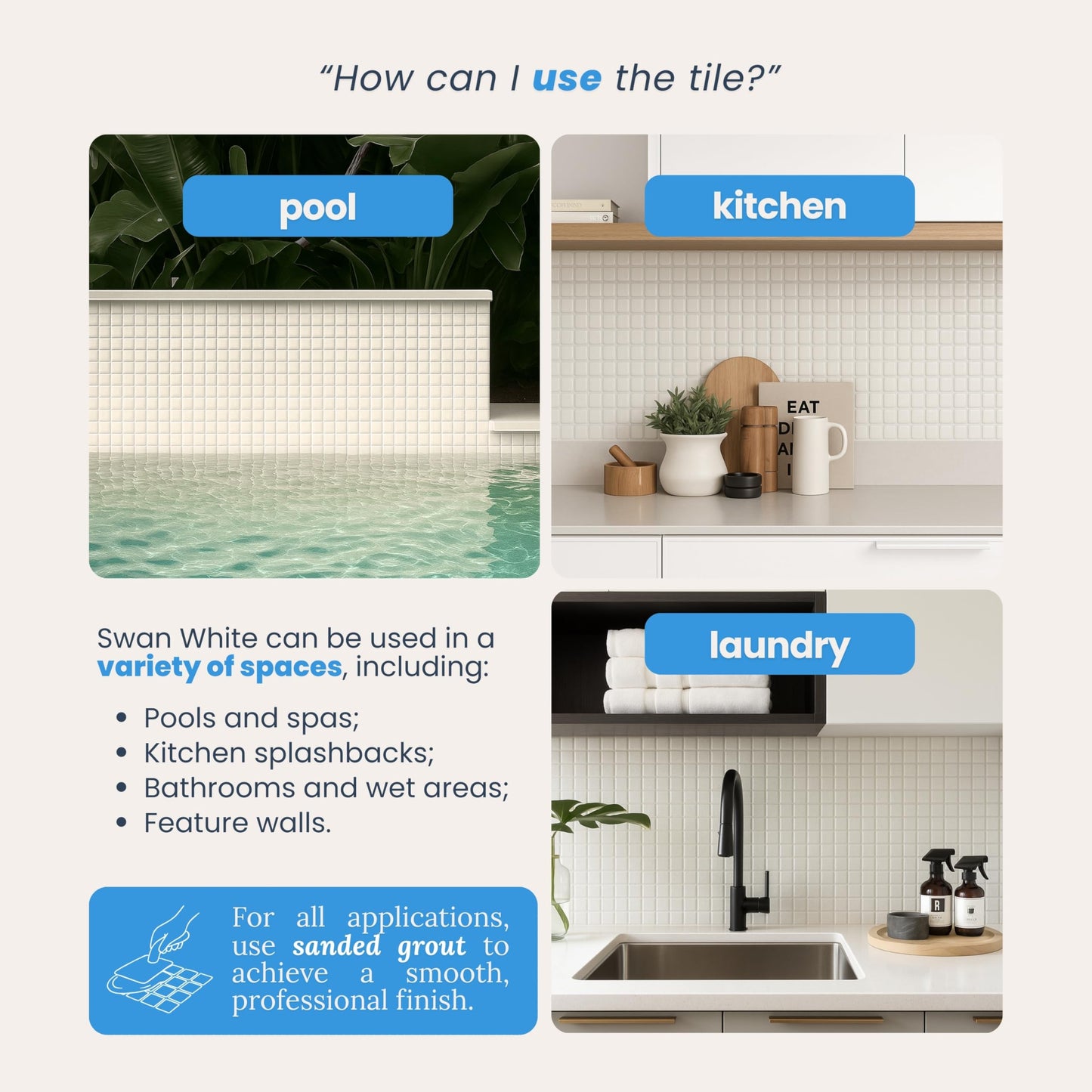 AO Tiles Glass Mosaic Tile – Swan White 300x300mm- 10 Sheets/ Sample