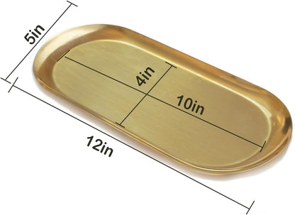 Decorative Oval Tray, Stainless Steel Vanity Tray for Jewelry Perfume Cosmetics Organizer, Dresser Counter Storage Tray, Gold, 12 Inch