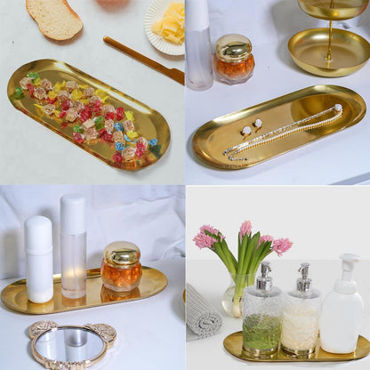 Decorative Oval Tray, Stainless Steel Vanity Tray for Jewelry Perfume Cosmetics Organizer, Dresser Counter Storage Tray, Gold, 12 Inch