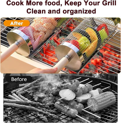 304 Stainless Steel Rolling Grill Basket Set with Removable Handle for Vegetables, Shrimp and Outdoor BBQ, Nesting Design, Silver