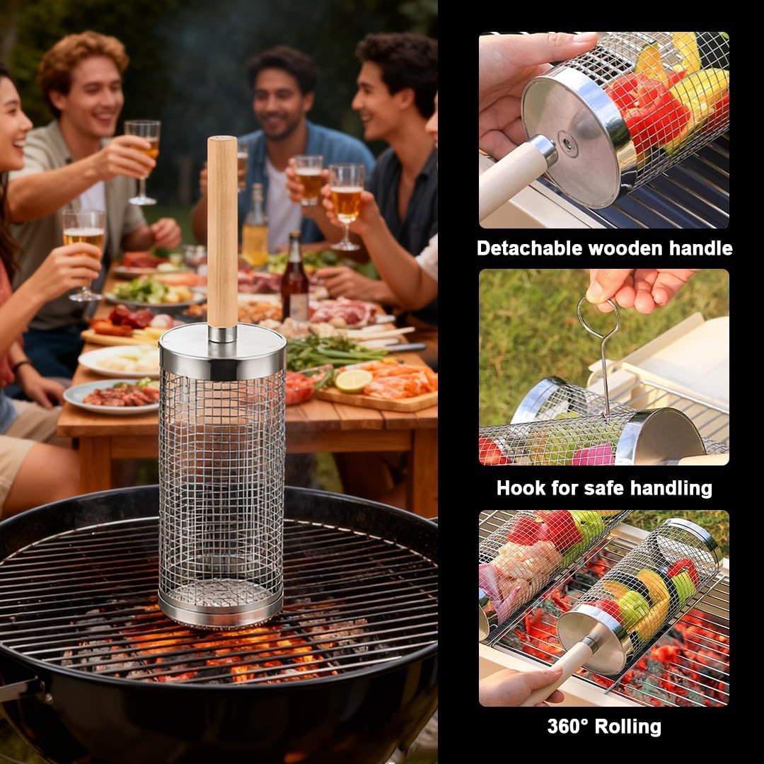 304 Stainless Steel Rolling Grill Basket Set with Removable Handle for Vegetables, Shrimp and Outdoor BBQ, Nesting Design, Silver