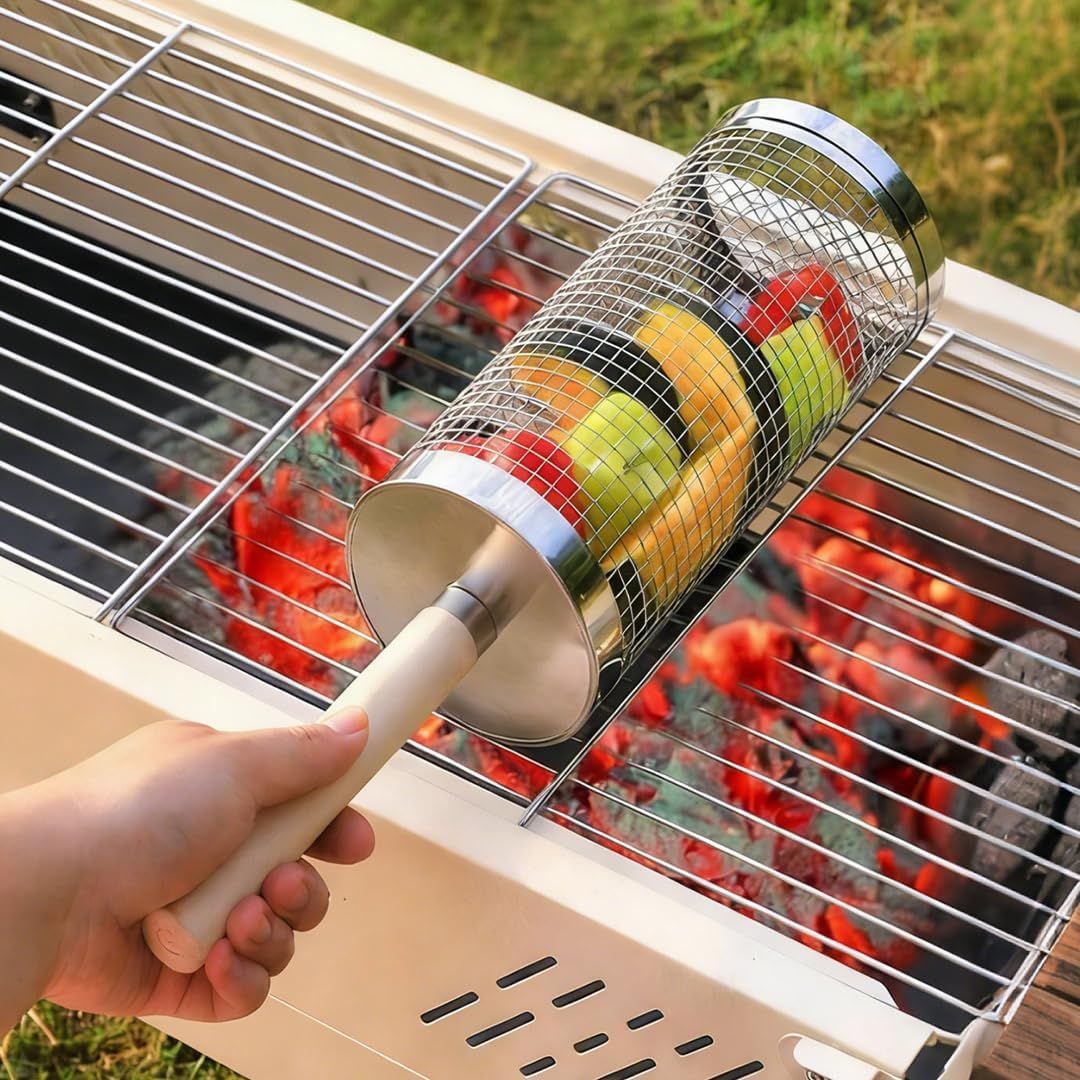 304 Stainless Steel Rolling Grill Basket Set with Removable Handle for Vegetables, Shrimp and Outdoor BBQ, Nesting Design, Silver
