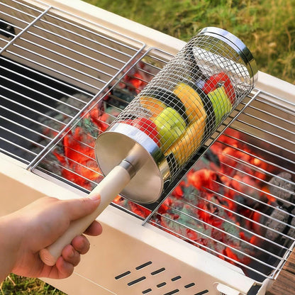 304 Stainless Steel Rolling Grill Basket Set with Removable Handle for Vegetables, Shrimp and Outdoor BBQ, Nesting Design, Silver
