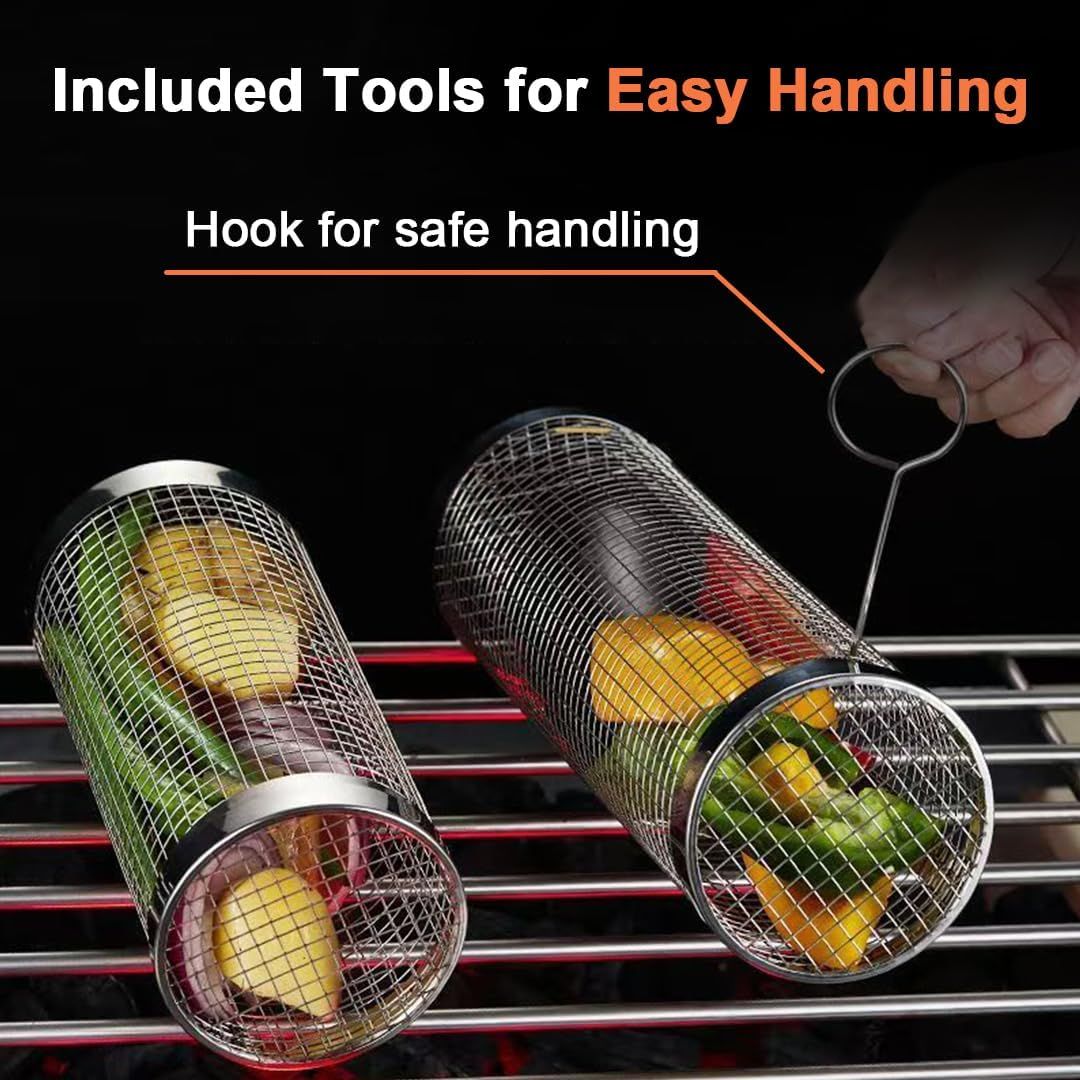 304 Stainless Steel Rolling Grill Basket Set with Removable Handle for Vegetables, Shrimp and Outdoor BBQ, Nesting Design, Silver